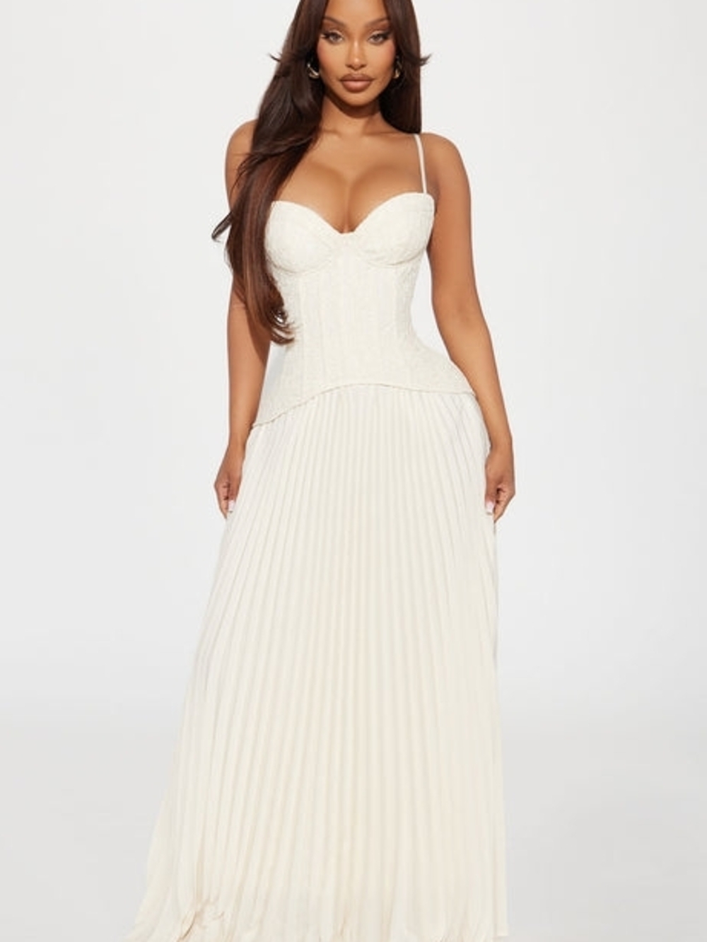Fashion Nova Cream Pleated Bustier Maxi Dress